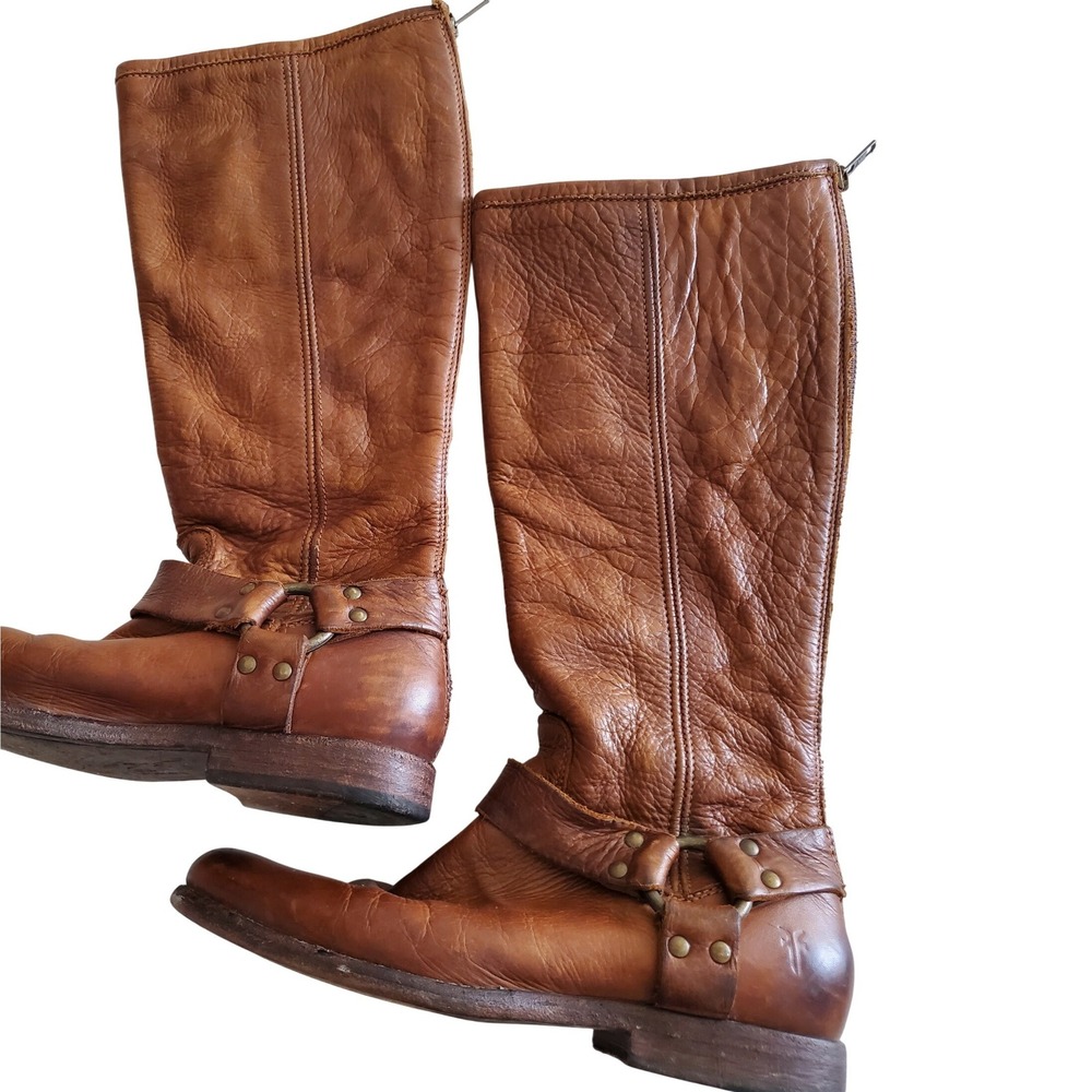 Frye Phillip Harness Tall Boots Cognac Leather Back Zip Womens 7.5 B 76850